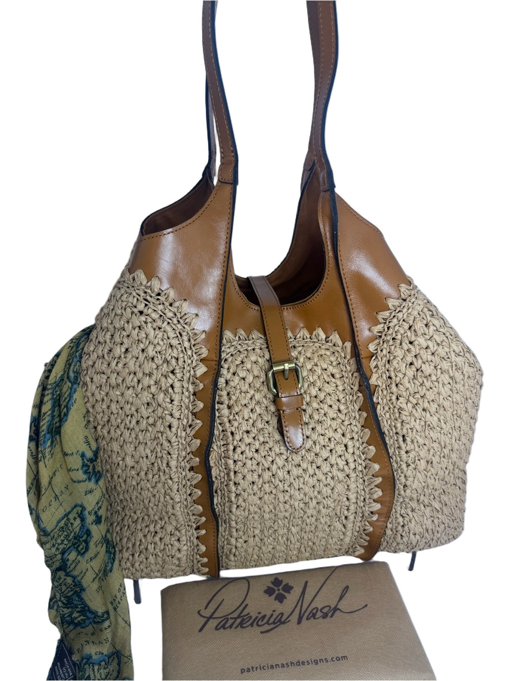 Patricia Nash Santorini Specialty Woven Tote Bag w/ PN Bag Charm, Bag Scarf & DB